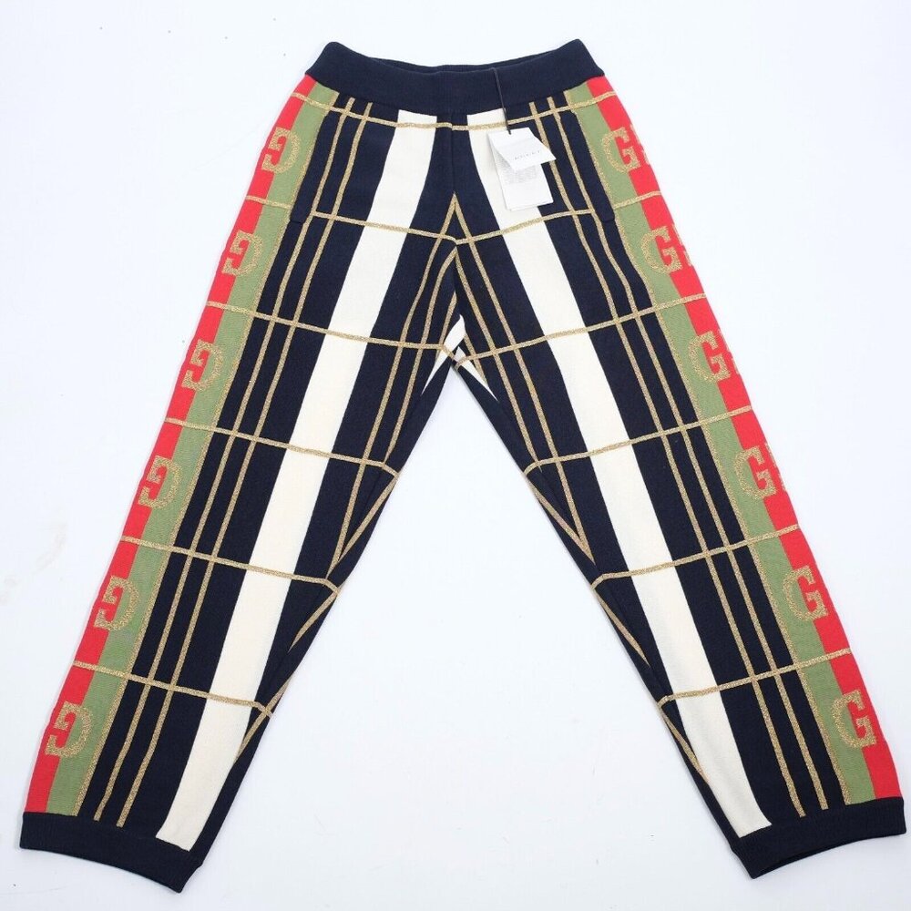 GUCCI wool lame pants joggers sz M navy white $2900 monogram 2019